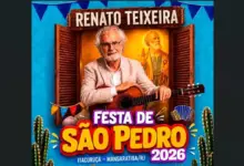 Arte da Festa de São Pedro com a imagem do cantor Renato Teixeira